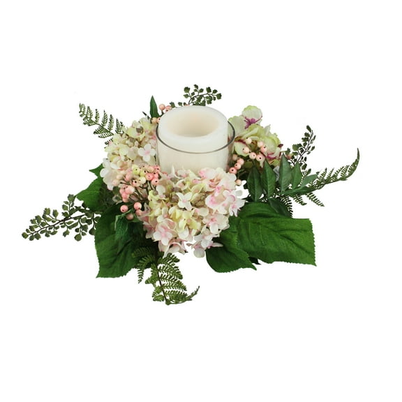 Select Artificials 16" Decorative Artificial Pink and Green Hydrangea and Berry Hurricane Glass