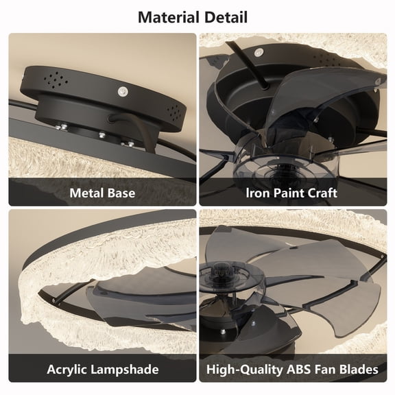 16” Decorative LED Ceiling Fan Light – Modern Flush Mount with Acrylic Ring Hidden Blades Remote Control and Dimmable Light for Stylish Homes (Black)