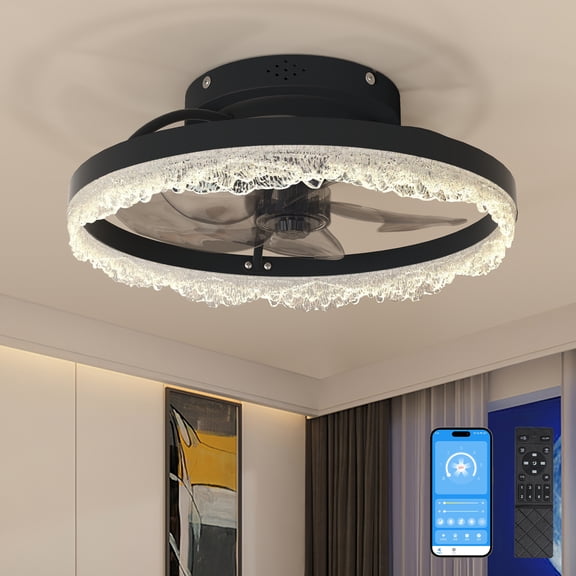 16" Decorative Led Ceiling Fan Light Modern Flush Mount With Crystal-Inspired Acrylic Ring, Hidden Blades, Remote Control, And Dimmable Light For Stylish Homes (Black)