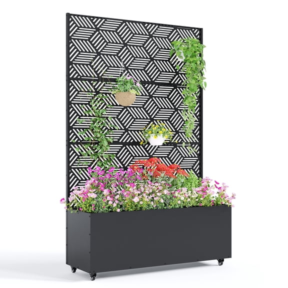 16”Deep Galvanized Metal Planter Box with Trellis – Patio Privacy Screen Planter with Drainage Holes for Climbing Plants, Vines & Vegetables-Style B，With Wheels
