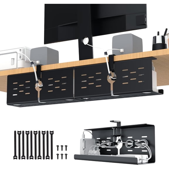 16" Under Desk Cable Management Tray, No Drill Clamp Mount, Desk Cord Organizer Upgrade Capacity, Cord Management Tray for Home Office, Gaming Desk, Standing Desk, Black, 2 Pack