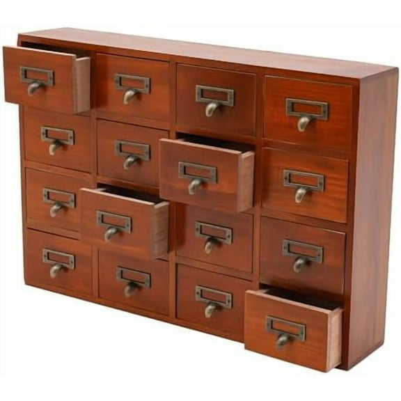 16 Desk Drawer Organizer, Wooden Apothecary Cabinet with Drawers, Vintage Tabletop Organization and Storage Cabinet for Home Office, Tea, Dresser, Bedroom, (19.69 x 3.94 x 13.78 in, Brown)