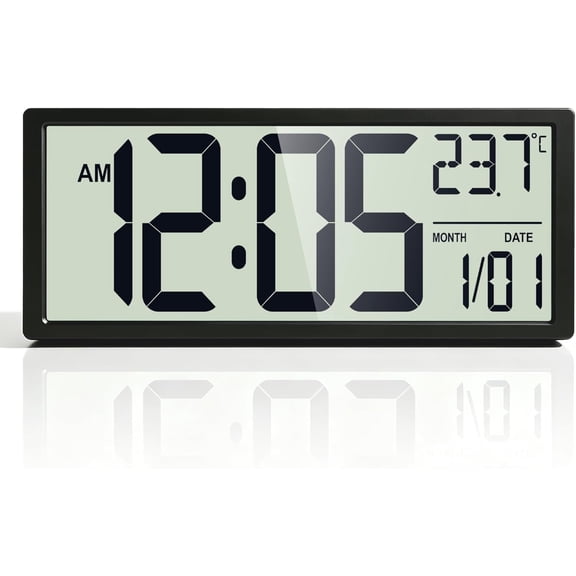 16" Digital Wall Clock, Battery-Operated with Large LCD Display, Jumbo Number Modern Decorative Clock with Alarm, Date, Calendar, Temperature for Elderly, Senior Bedroom, Living Room, Kitchen