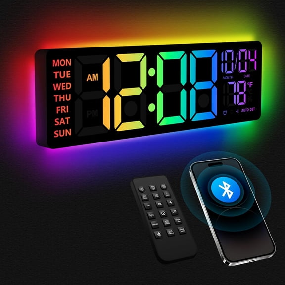 16" Digital Wall Clock with Night Light, Digital Clock with RGB Colors Changing Remote Control, Dual Alarm, Dimmer, Auto DST, Voice Control, Auto Time Sync, Clocks for Living Room, Gift for Elderly