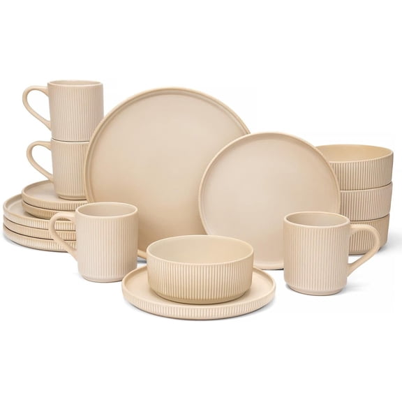 16- Dinnerware Set for 4 with Mugs, Ribbed Stoneware Plates and Bowls Sets, Handcrafted Reactive , Chip and Scratch Resistant Dish Set, Microwave & Dishwasher Safe, Yellow
