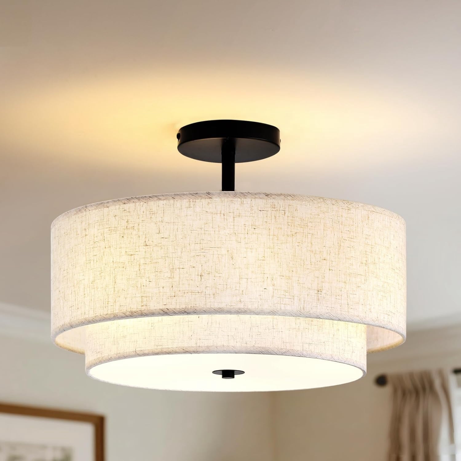 16" Double Drum 3-Light Semi Flush Mount Ceiling Light, Classic Fabric Linen Shade Design for Living Room, Bedroom, Kitchen, Dining Room, Hallway and Entryway