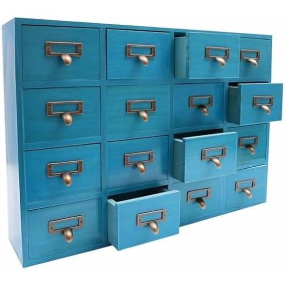 16-Drawer Apothecary Cabinet, Herb Storage Box, Rustic Wooden Storage Box with Metal Handles, Herb Organizer Desk Drawer Organizer Tea Bag, Jewelry Storage for Home, Office, Medicine Shop (Blue)
