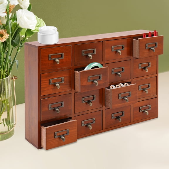16-Drawer Apothecary Cabinet with Drawers, Vintage Medicine Furniture Wooden Desk Drawer Organizer, Tabletop Apothecary Chests for Coffee, Tea, Cards