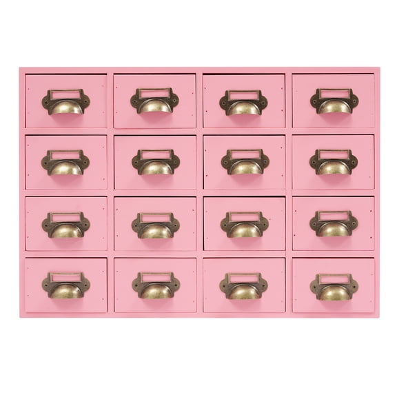 16 Drawer Desktop Organizer Library Card Catalog Cabinet Wood Multi Drawer Storage Cabinet with Handle Desktop Cabinet Box for Home Office Desk (Pink)