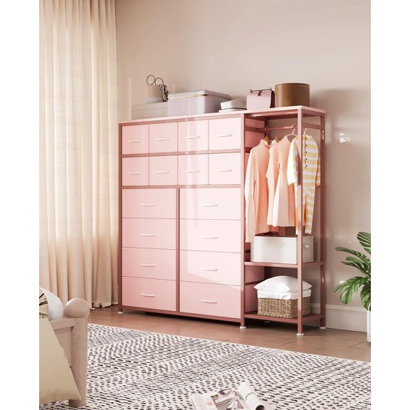 16 Drawer Fabric Dresser with Clothes Rack Tall Storage Tower Organizer with Metal Frame for Bedroom Pink