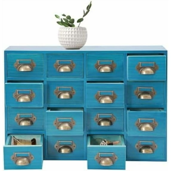 Desktop Drawers Storage Cabinet 16 Drawers Organizer Wooden Medicine Cabinet Blue