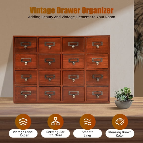 16-Drawer Tabletop Library Card Storage Box, Brown, Vintage Catalog Cabinet for Apothecary