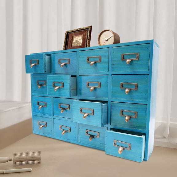 16 Drawers Apothecary Cabinet Library Card Catalog Cabinet Tabletop Vintage Apot 20*3.7*13.8in for Living Room, Dresser, Kitchen