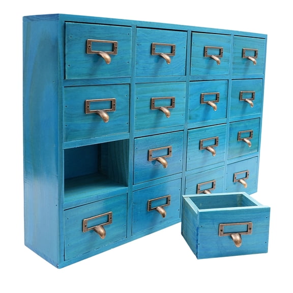 16 Drawers Apothecary Cabinet with Metal Handles,Wooden Herb Storage Cabinet,Countertop Library Card Catalog Cabinet,Desk Drawer Organizer,Blue