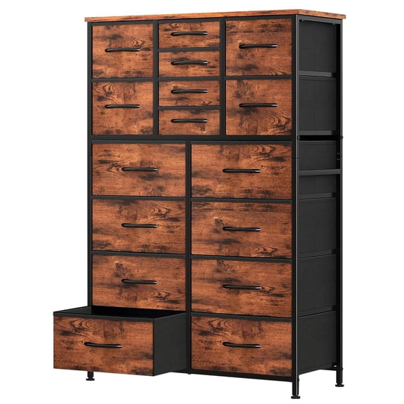 16 Drawers Dresser for Bedroom, Tall Chest of Drawers with Wood Tabletop, Anti-Tip Storage Organizer with Metal Frame & Fabric Bins for Living Room, Hallway, Entryway, Rustic Brown