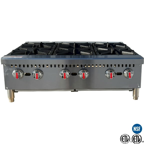 36" Commercial Gas Hot Plate 6 Burner Stainless Steel Countertop Range, 180,000 BTU, NSF & ETL Certified, Heavy Duty Cast Iron Grates