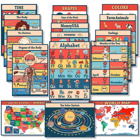 16 Educational Charts Laminated for Classrooms abc alphabet, days of the week, shapes, months of the year, colors (12.5x19)