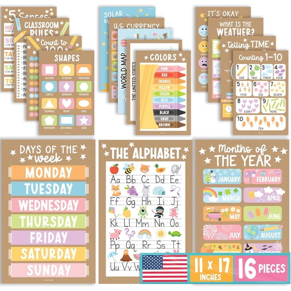 16 Educational Posters for Classroom Decor - Learning Posters for Toddlers 1-3, Alphabet for Classroom Wall, Daycare Essentials, Homeschool Posters Preschool, Kraft Playroom Decor