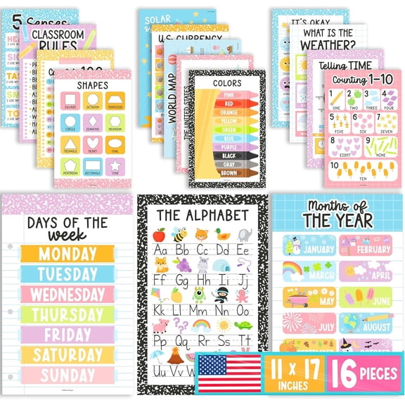 16 Educational Posters for Classroom Decor - Learning Posters for Toddlers 1-3, Alphabet for Classroom Wall, Daycare Essentials, Homeschool Posters Preschool, Pastel Playroom Decor