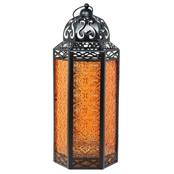 16" Extra Large Moroccan Lantern Candle Holder – Black with Amber Glass, Metal Decorative Lamp for Indoor/Outdoor Patio or Porch Use, Home Decor, Ramadan, Weddings
