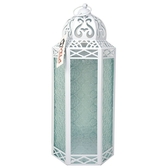 16" Extra Large Moroccan Lantern Candle Holder – White with Clear Glass, Metal Decorative Lamp for Indoor/Outdoor Patio or Porch Use, Home Decor, Ramadan, Weddings