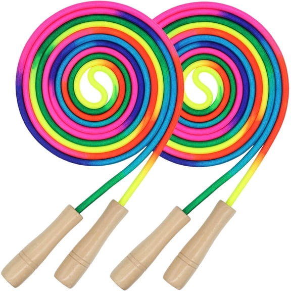 16 FT Long Jump Rope for Kids, 2 Pack Adjustable Double Dutch Skipping Rope with Wooden Handle, Multiplayer Rainbow Jumping Rope for Outdoor Fun, School Sport, Party Game