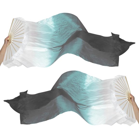 16 Fan Belly Dance Silk Veil 47", 1 Pair (Left+Right) Women Long Folding Wood for Performance, White Gray Black