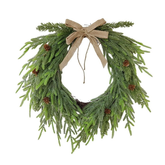 16" Faux Cedar Christmas Wreath with Vintage Rustic Burlap Ribbon Bow & Pine Cones, Realistic Artificial Wreath for Indoor Outdoor Front Door, Holiday Seasonal Decorations for Christmas Home Decor