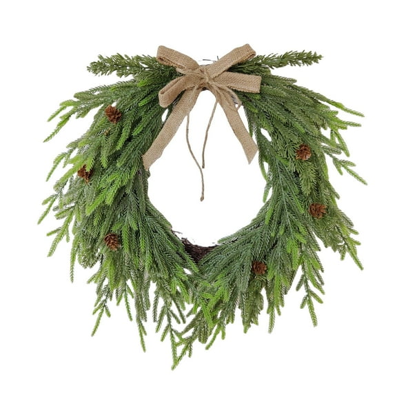 16" Faux Cedar Christmas Wreath with Vintage Rustic Burlap Ribbon Bow & Pine Cones, Realistic Artificial Wreath for Indoor Outdoor Front Door, Holiday Seasonal Decorations for Christmas Home Decor