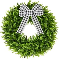 16" Faux Round Boxwood Wreath, Artificial Boxwood Wreath Front Door Wreaths Artificial Spring Summer Greenery Hanging with A Plaid Bow and sash for Front Door Wall Hanging Window Wedding Decor
