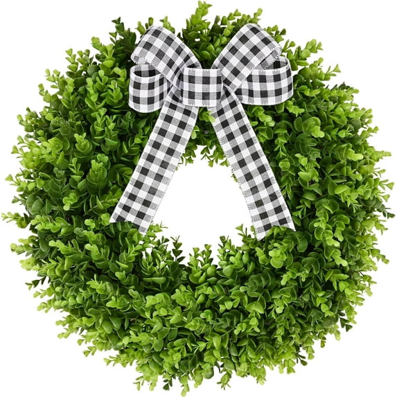 16" Faux Round Boxwood Wreath, Artificial Boxwood Wreath Front Door Wreaths Artificial Spring Summer Greenery Hanging with A Plaid Bow and sash for Front Door Wall Hanging Window Wedding Decor