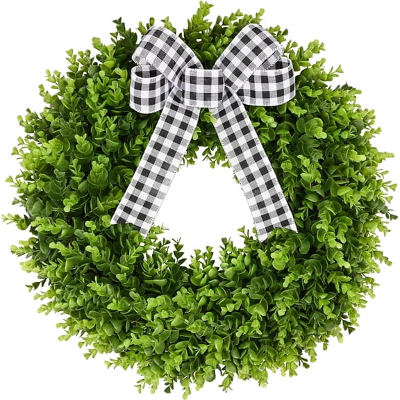 16" Faux Round Boxwood Wreath, Artificial Boxwood Wreath Front Door Wreaths Artificial Spring Summer Greenery Hanging with A Plaid Bow and sash for Front Door Wall Hanging Window Wedding Decor