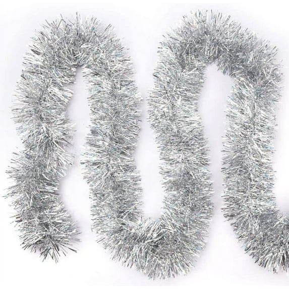 16 Feet Christmas Foil Tinsel Garland for Christmas Tree Holiday Walll Rail Home Office Event Wedding Birthday Party Decor-Silver