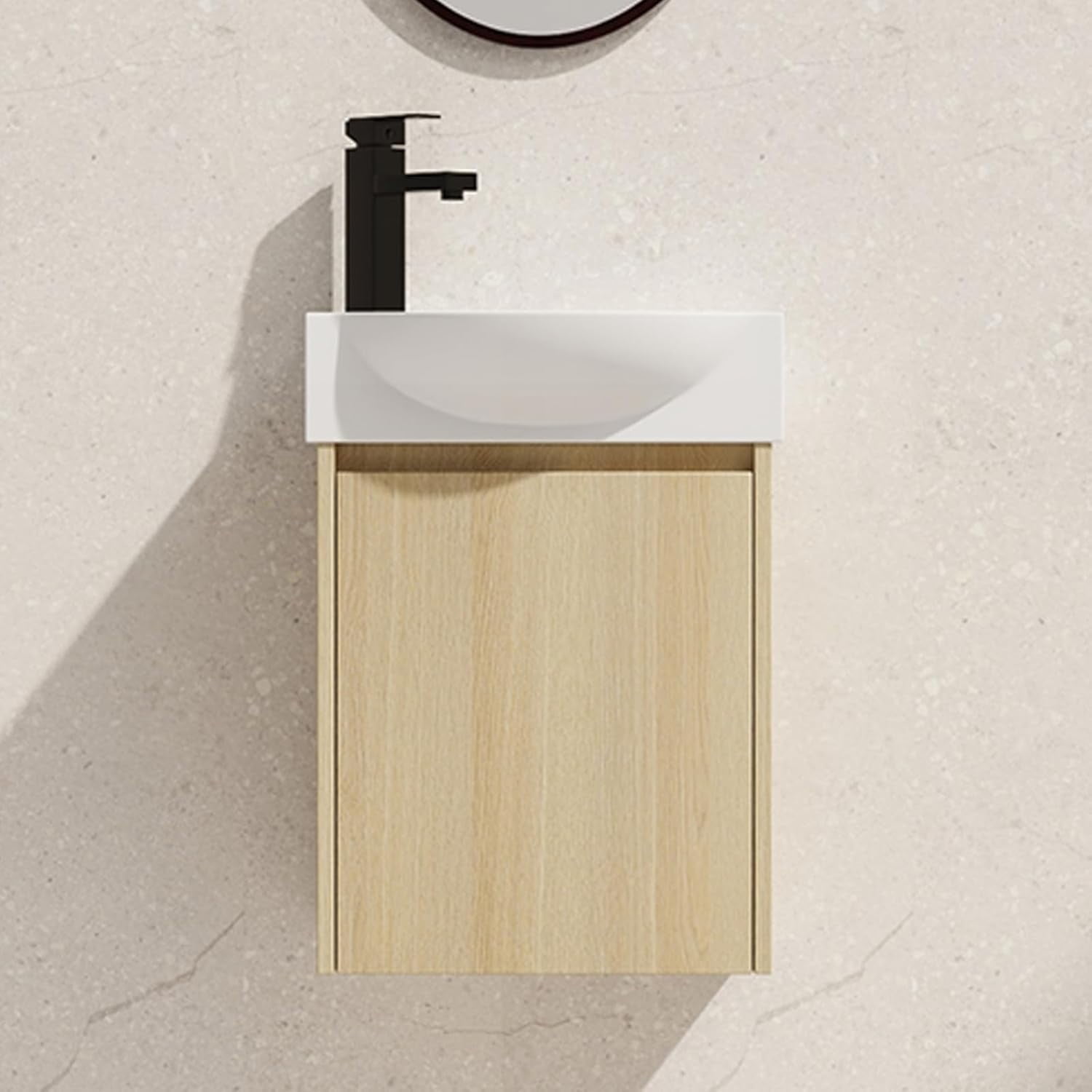 16" Floating Bathroom Vanity with Sink, Modern Wall Mounted Bathroom Cabinet with Undermount Resin Sink, Single Small Bathroom Vanities, Bathroom Storage Vanity Set with Door, Soft-Close, Oak