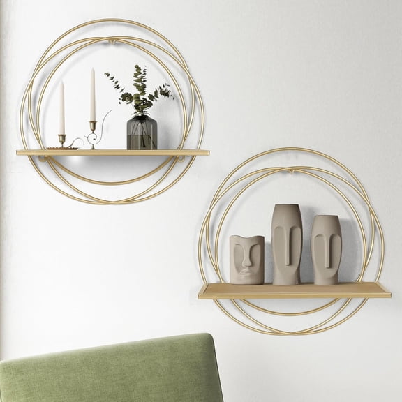 16" Floating Shelves Set of 2, Gold Wall Shelf with Round Metal Frame, Foldable Wooden Hanging Shelves for Storage, Living Room Decor, Bathroom, Kitchen, Bedroom, Office