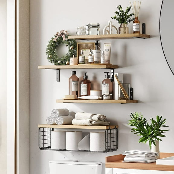 16" Floating Shelves W/Frame Wall-Mounted Rustic Decor Set of 4 Wood Storage Bathroom Shelf Over The Toilet, Rustic Brown