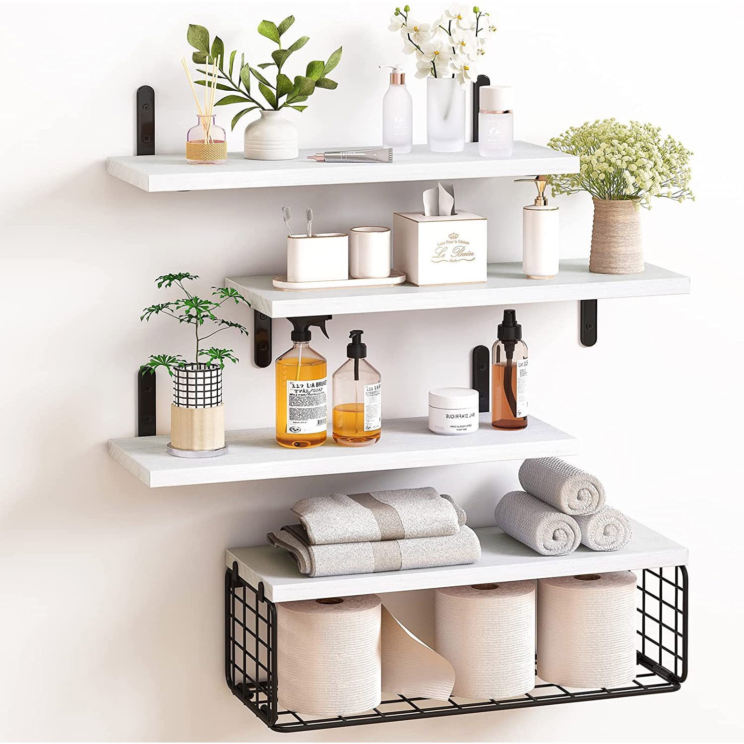 16" Floating Shelves W/Frame Wall-Mounted Rustic Decor Set of 3+1 Wood Storage Bathroom Shelf Over The Toilet, White
