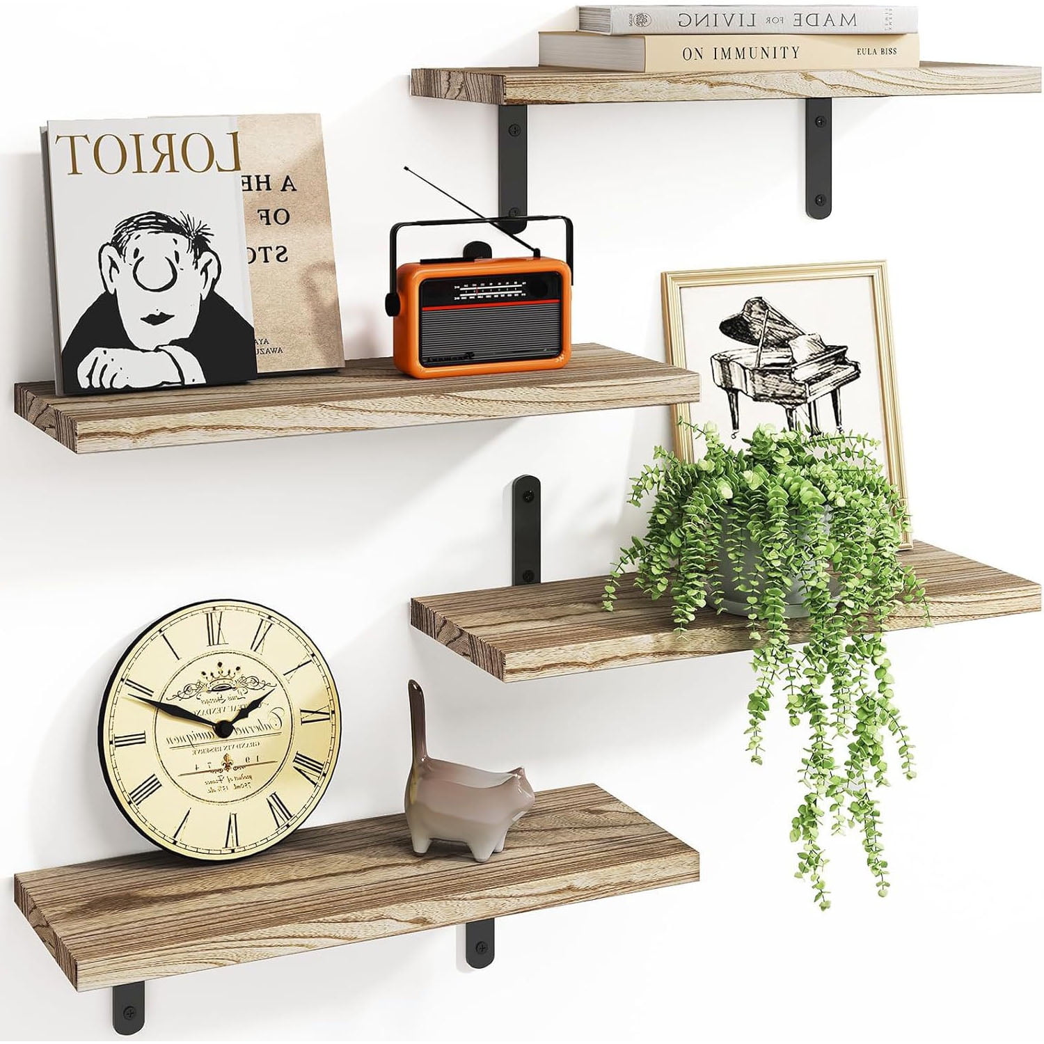 16" Floating Shelves Wall-Mounted Rustic Decor Set of 4 Wood Storage Bathroom Shelf Over The Toilet, Rustic Brown