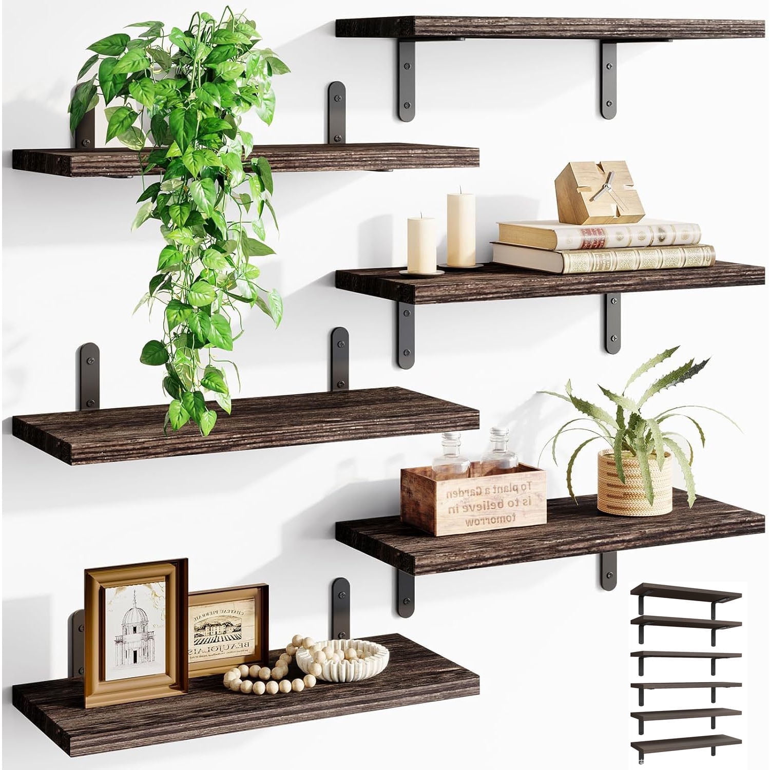 16" Floating Shelves Wall-Mounted Rustic Decor Set of 6 Wood Storage Bathroom Shelf Over The Toilet, Dark Brown