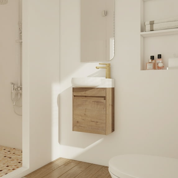 16'' Floating Wall-Mounted Small Bathroom Vanity with White Ceramic Sink