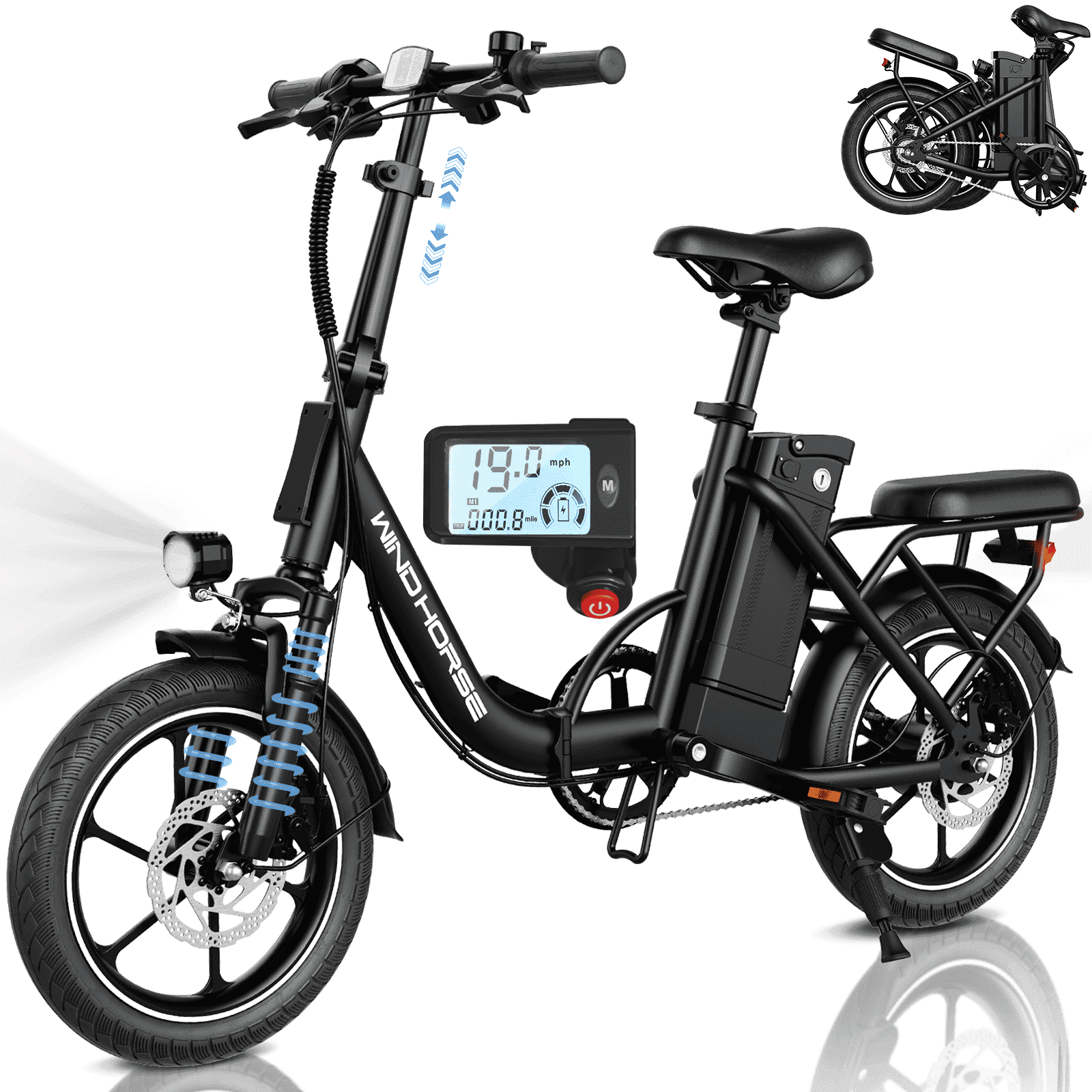 16" Folding Electric Bike for Adults – 630W Peak Motor, 20 MPH, 19–35 Miles Pedal Assist, Dual Suspension, Dual Disc Brakes, Removable Battery, LCD Display, Commuter Ebike