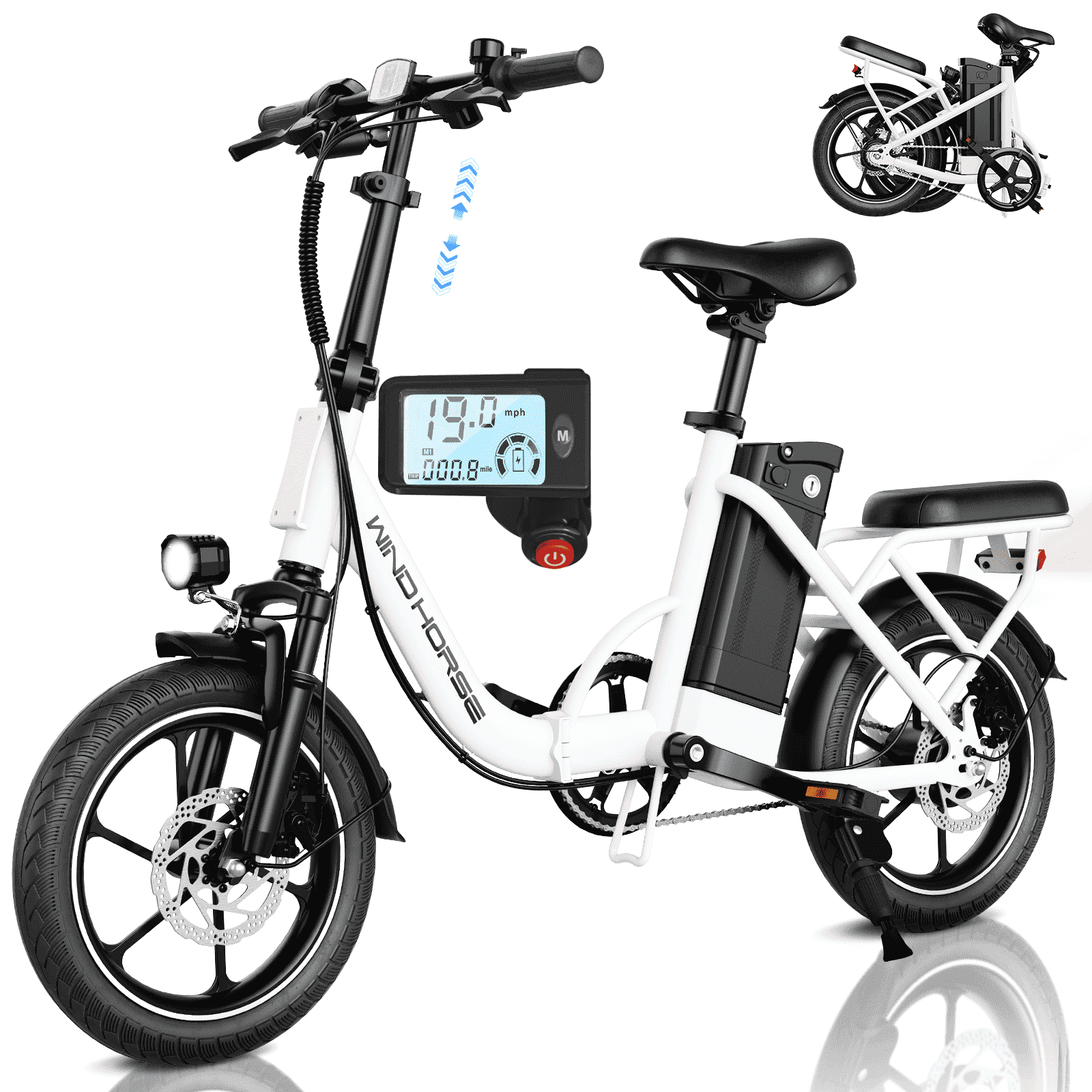WINDHORSE Foldable Electric Bike for Adults, Peak 630W High Speed Motor 20mph, Dual Suspension, Removable Battery 35Mile Range, 16" E-Bike with Dual Seat UL2849