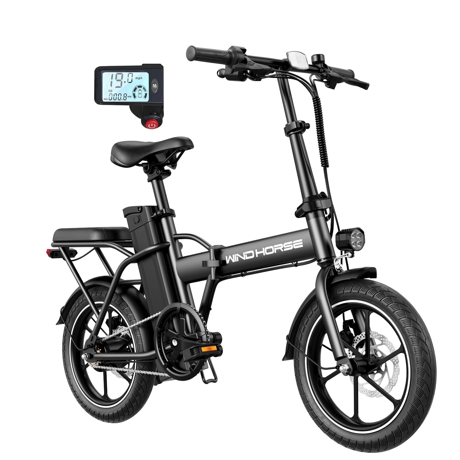 WINDHORSE 16" Folding Electric Bike for Adults, 20mph, 19-35mile Range, 630W Peak,  Removable Battery, Seat Suspension, LCD Display, Commuter Ebike