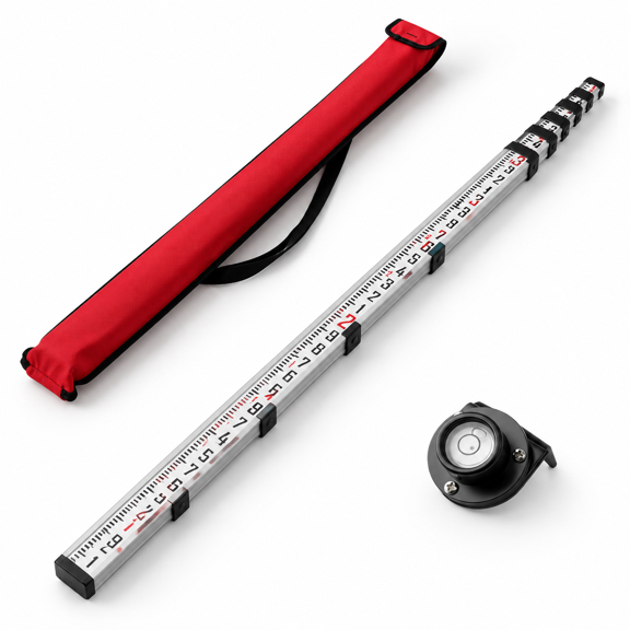 16 Foot Telescopic Aluminum Grade Rod with Dual Scales and Bubble Level for Leveling and Measurement