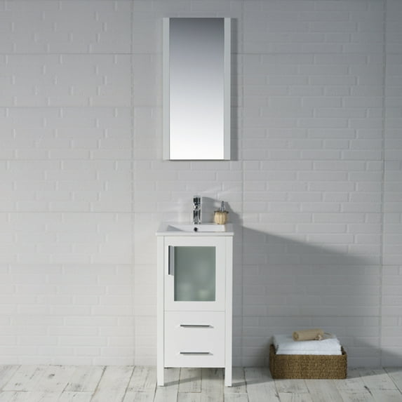 16" Freestanding Bathroom Vanity with Sink & Mirror - Glossy White
