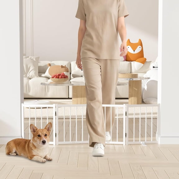 16" Freestanding Short Dog Gate for Small Dogs Foldable & Retractable, Expands Up to 48" Wide, 4-Panel Pet Barrier for Doorways, Stairs & Hallways (White)