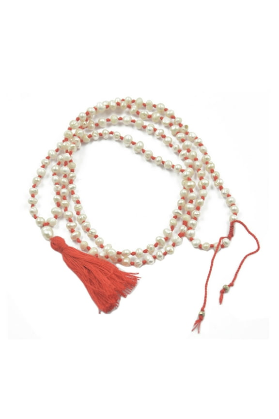 16"""" Fresh Water Pearl Beads Mala Prayer Tassel Necklace orange