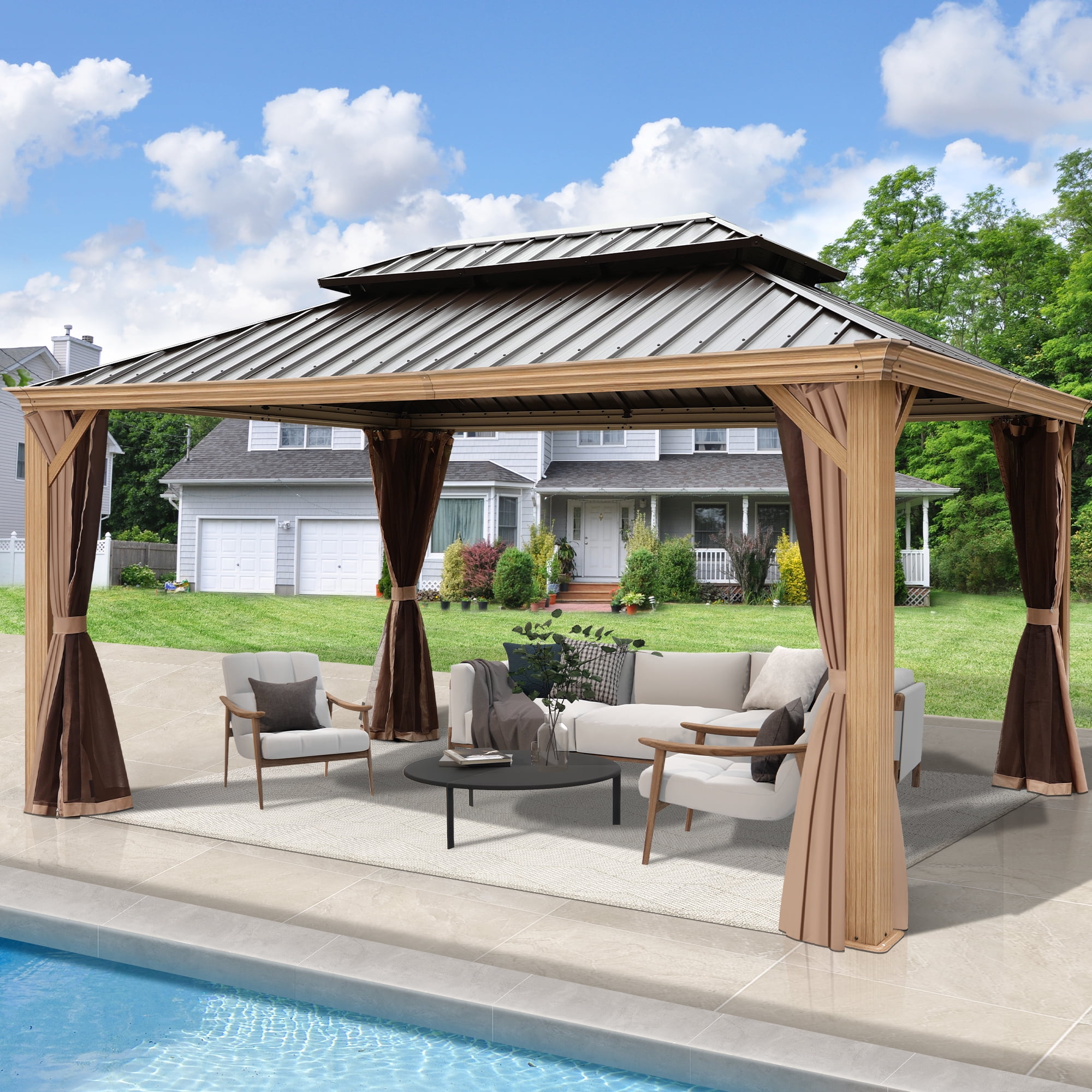 12' x 16' Beige and Brown Aluminum Frame Gazebo with Steel Roof