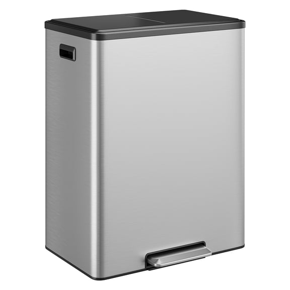 16 Gal/60L Dual Compartment Stainless Steel Kitchen Trash Can, with 2 x 30L Removable Inner with Foot Pedal, Soft Close Lid, Double Garbage Can for Trash and Recyclables, Primary Color