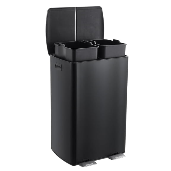 16 Gal/60L Dual Compartment Step Trash Can, Stainless Steel Recycling Bin, Soft Close, 2 Inner Buckets, Black
